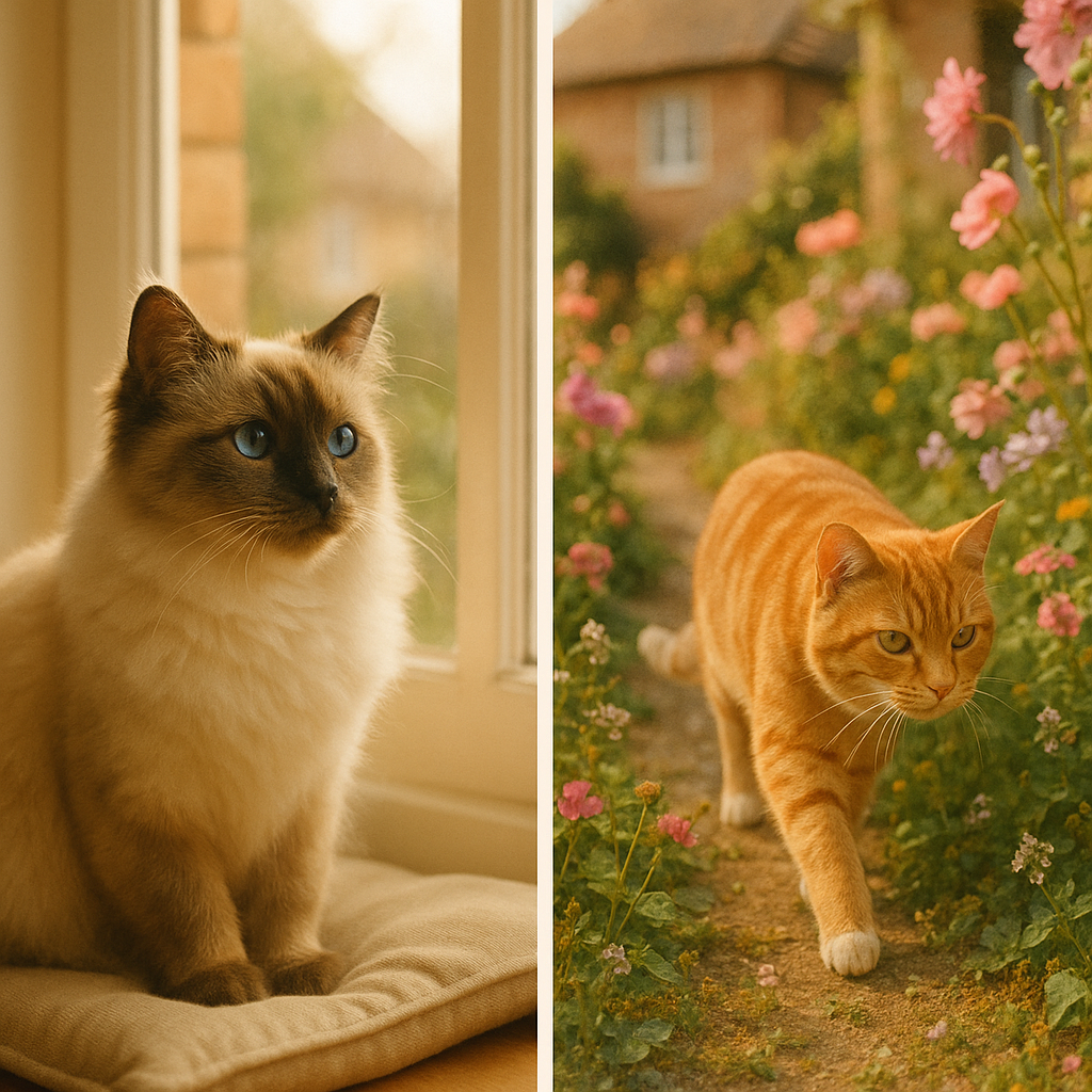 Cat indoors on windowsill looking out, and outdoor cat in garden