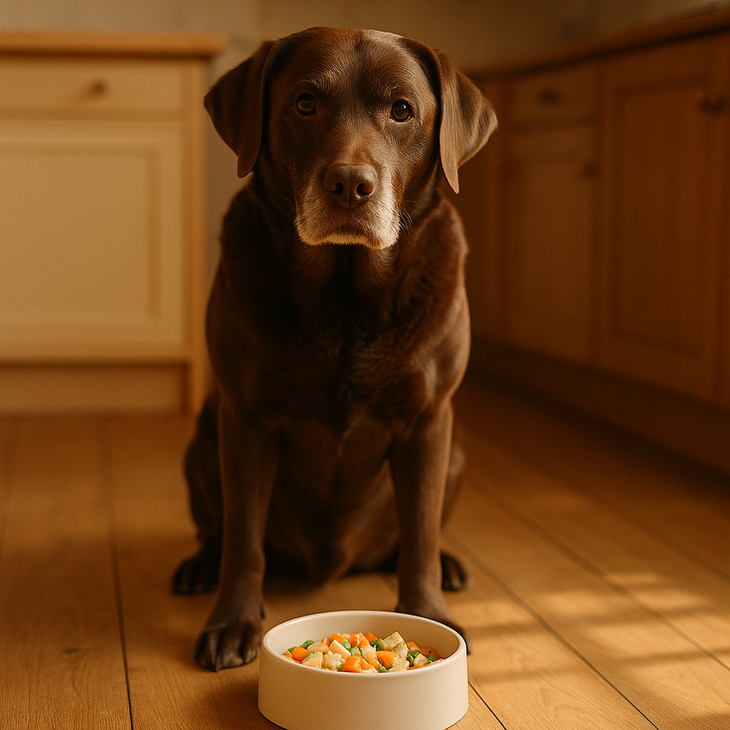 Healthy dog with shiny coat eating fresh meal