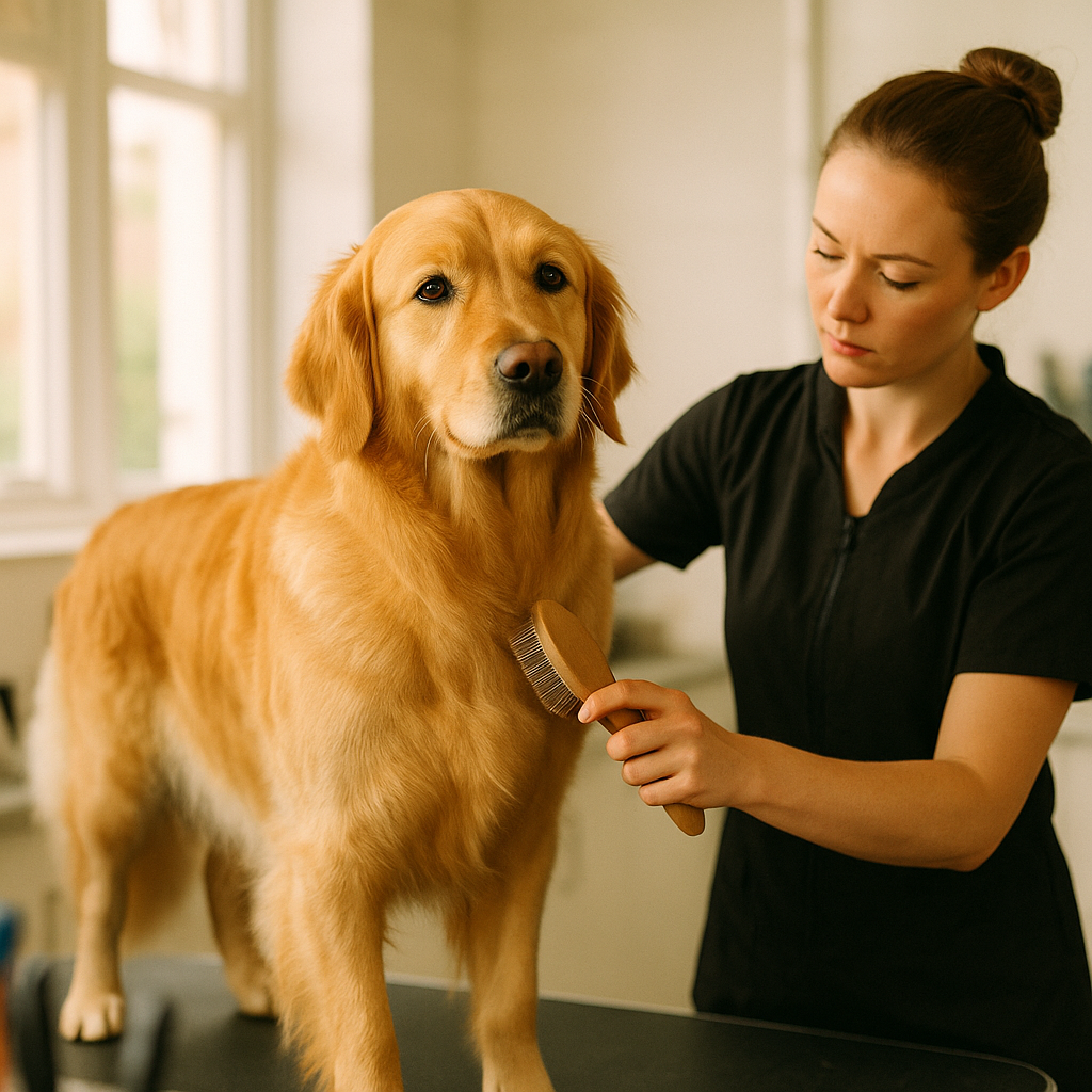 Golden Retriever being groomed at professional grooming salon