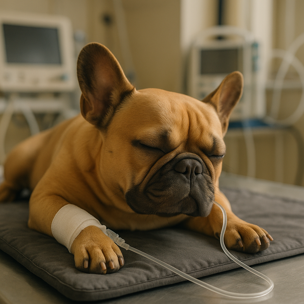 Dog receiving IV fluids during emergency hospitalisation