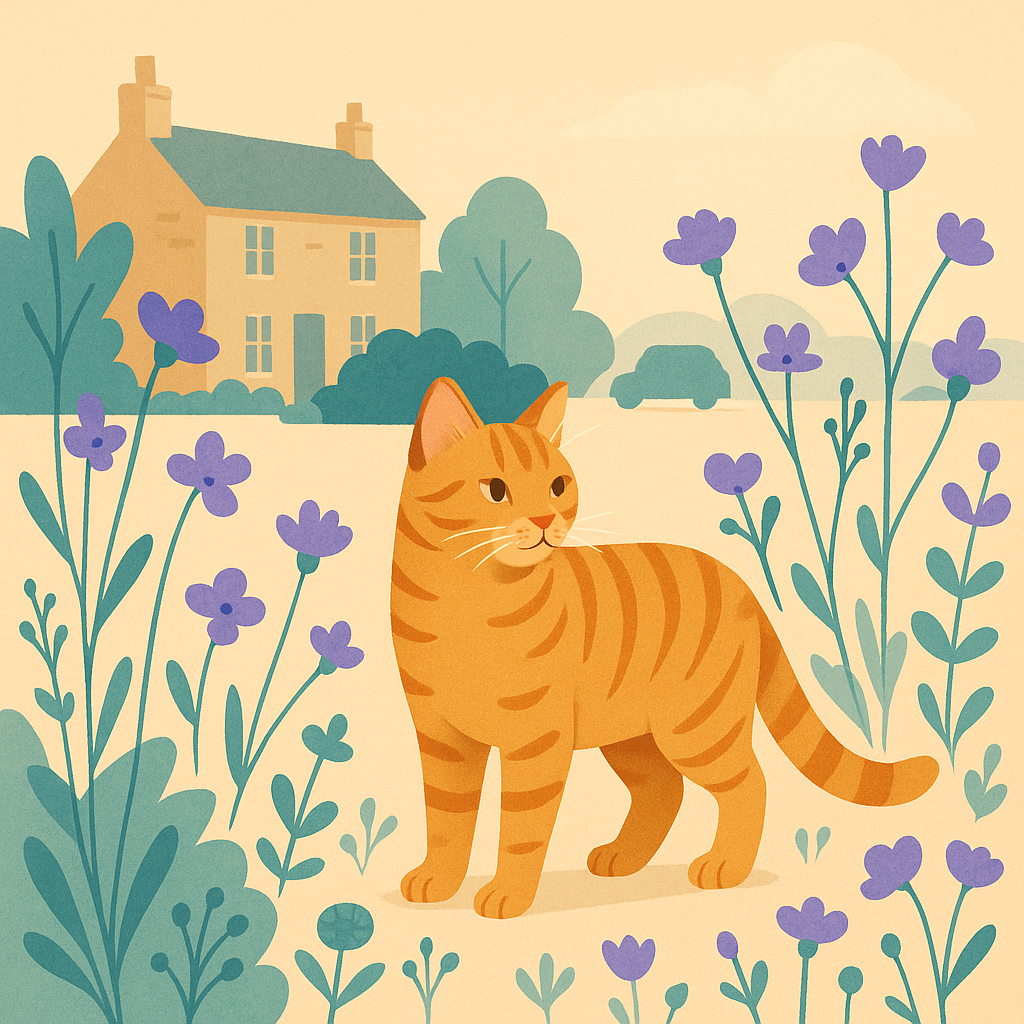 Outdoor cat in garden among plants and potential hazards