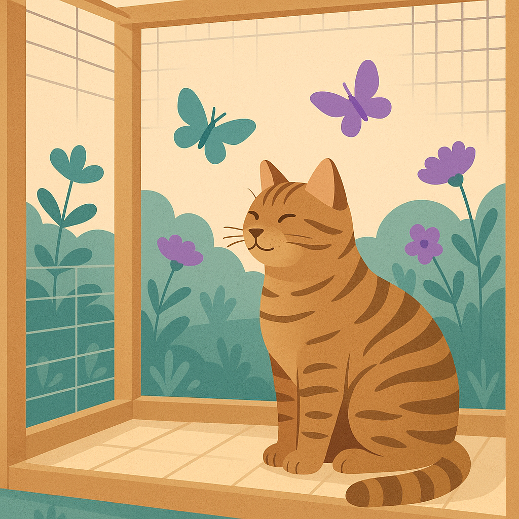 Cat in enclosed catio with outdoor garden view
