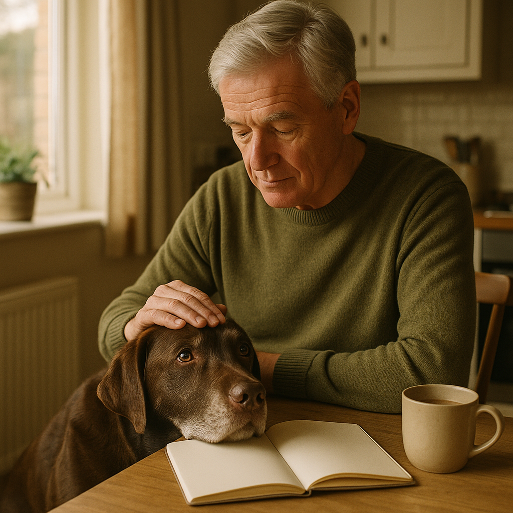 Worried pet owner reviewing insurance documents with unhappy pet