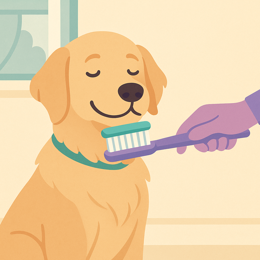 Owner brushing dog's teeth at home with pet toothbrush