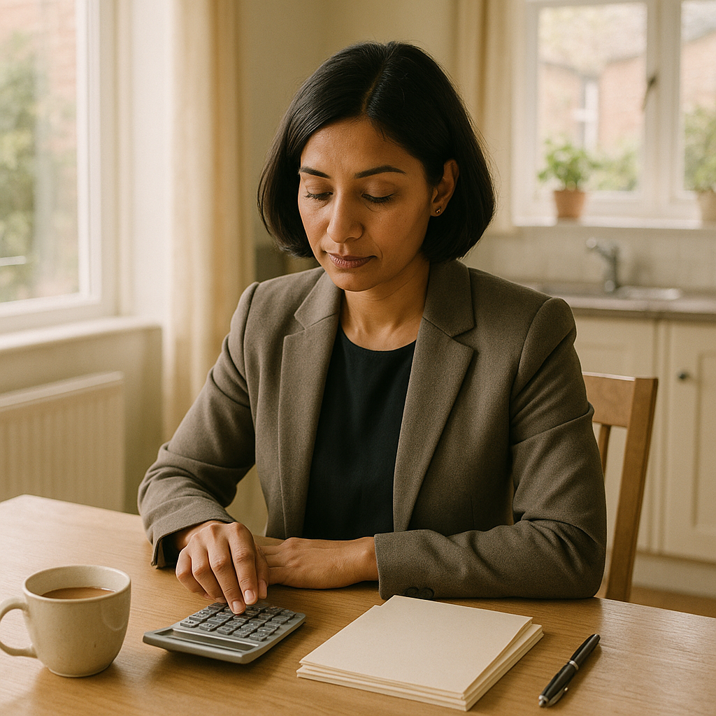 Person reading pet insurance policy documents with calculator and notes