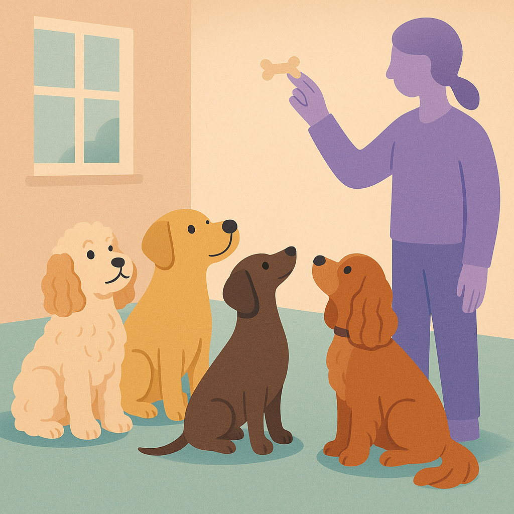 Puppy in training class with other puppies and trainer
