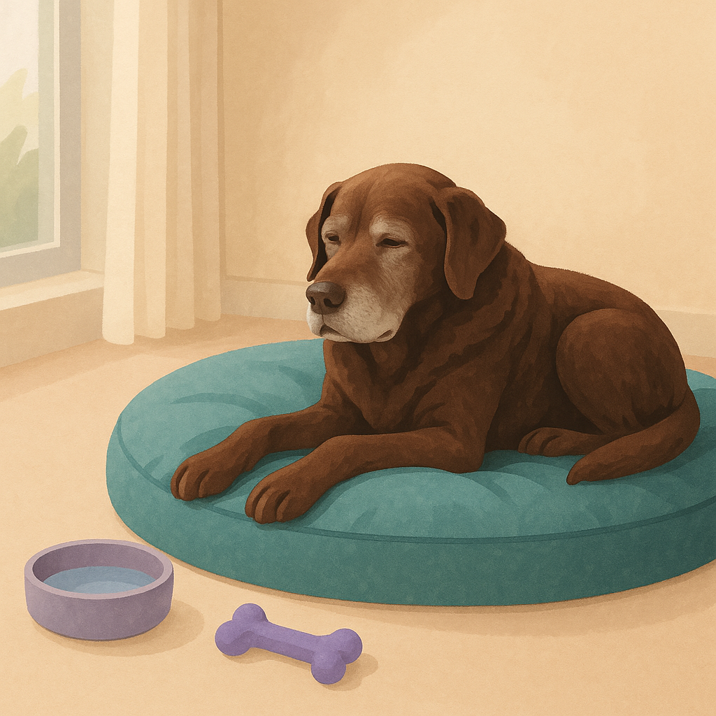 Grey-muzzled older dog relaxing on a comfortable orthopedic bed
