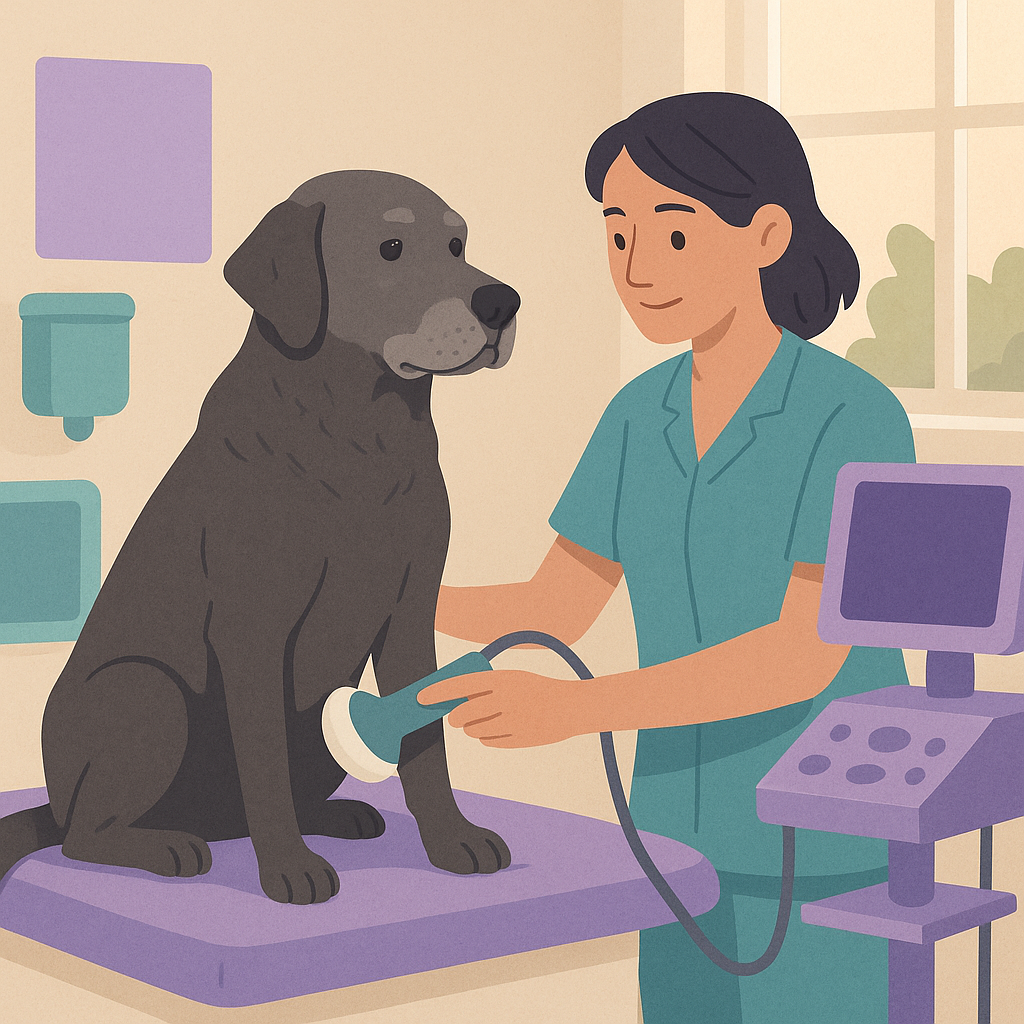 Senior dog being examined by vet with ultrasound