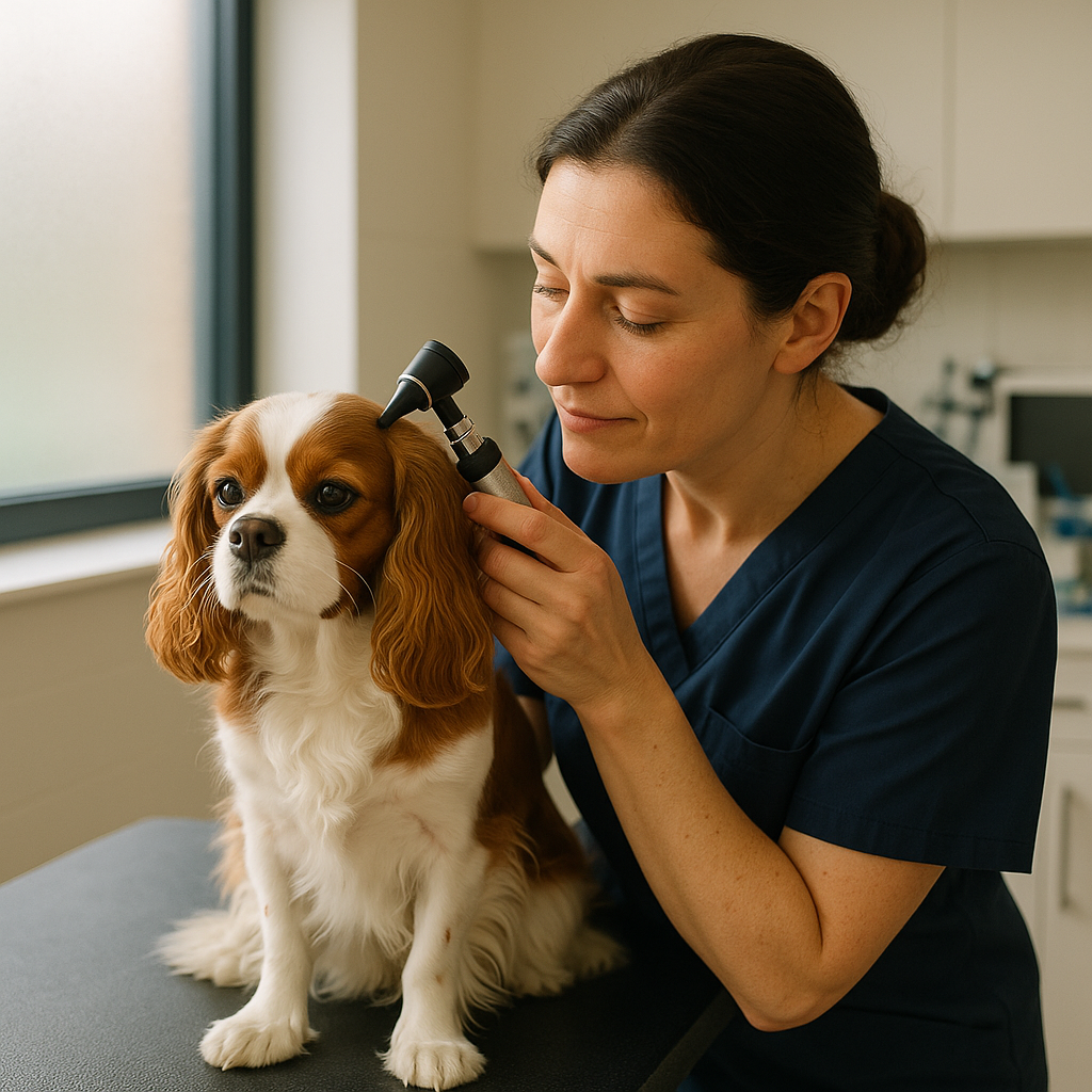 Close-up of a vet examining a dog's ear with an otoscope