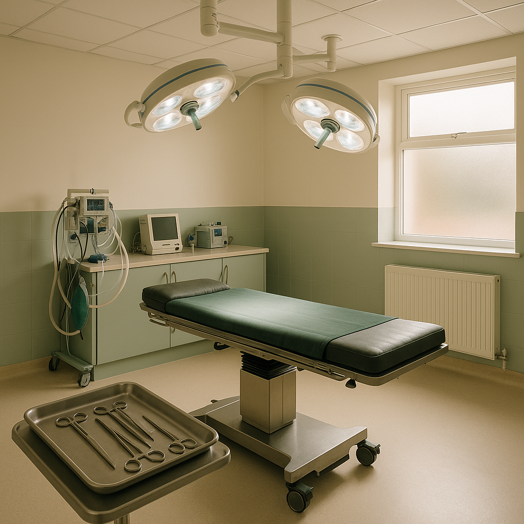 Veterinary surgical theatre with lights and surgical equipment