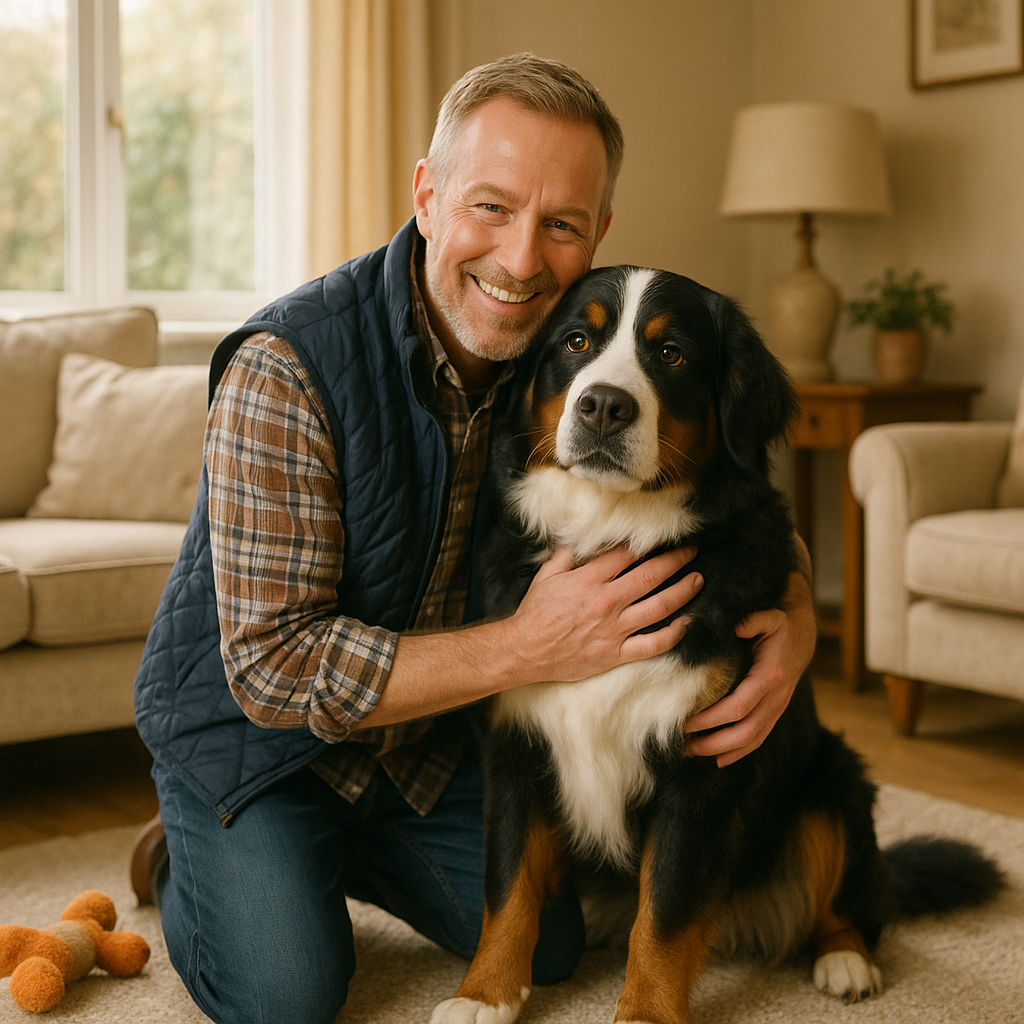 Happy dog at home after recovery, owner smiling and petting them